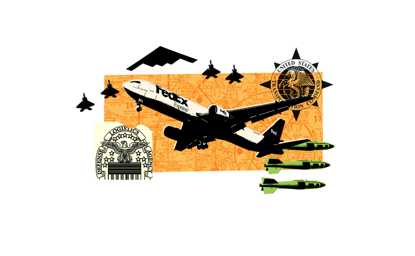 Collage: a FedEx cargo aircraft, fighter jets, bombs and US defence agency seals over an orange map
